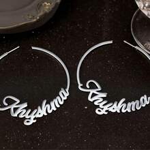 1pc Customized Personalized Name Plate Earrings | Customized Name Circle Earrings | Customized Jewelry Gift For Her | Gold Statement Large Customized Hoop Earrings - Silver - View 3