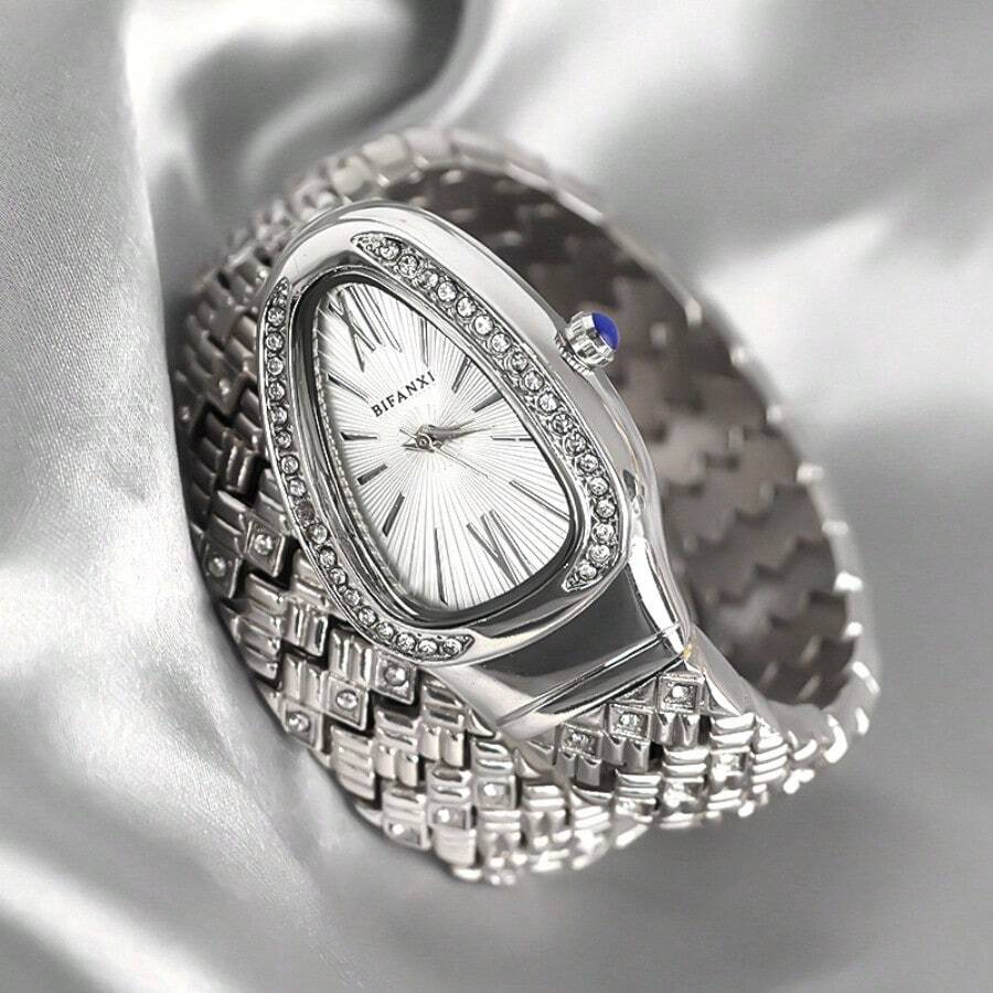2025 Fashion Women's Quartz Bracelet Watch With Snake Wrap Band, Small Oval Dial, Crystal Luxury Wristwatch - Bạc - Xem 1