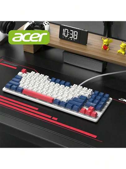 Acer OKW216 89-Key Portable And Compact Mechanical Keyboard With Floating Keycaps For Easy Cleaning, Full-Key Anti-Ghosting, Plug-And-Play USB Port (White, Blue, And Red)