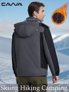 Cavva 男士防水滑雪夹克 冬季防风保暖可拆卸风帽多口袋徒步外套 露营滑雪登山防风衣 - 灰色 - 查看 2