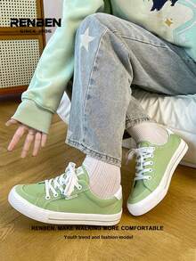 RENBEN 2025夏季新款硫化帆布鞋，女士时尚厚底休闲运动鞋（1双装） - 綠色 - 查看 4