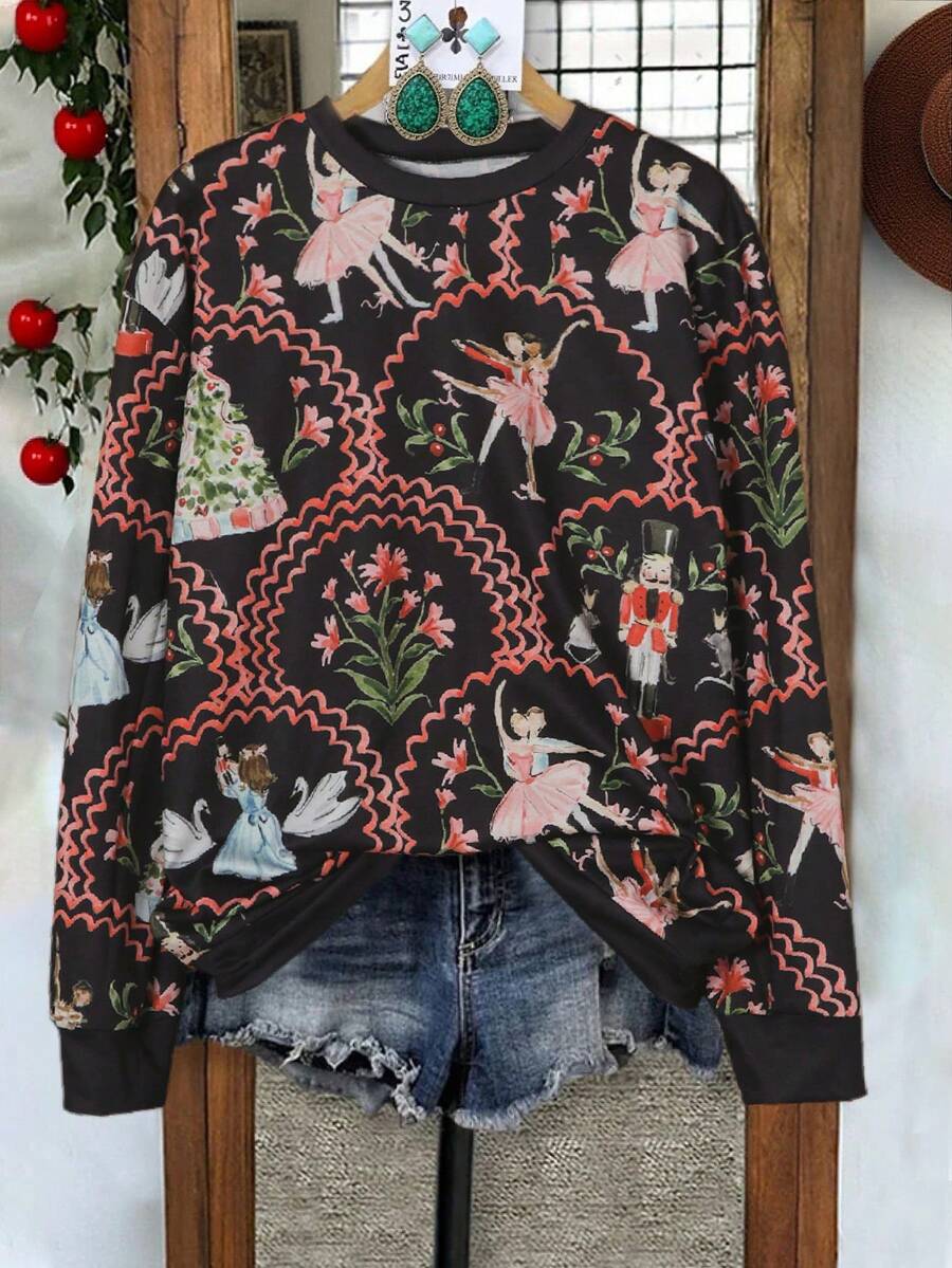 Áo nỉ dài tay họa tiết kẹp hạt dẻ Giáng sinh cỡ lớn in ngẫu nhiên cho nữ mùa xuân và mùa thu thường ngày Giáng sinh 2025 - màu đen - Xem 1