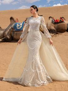 Faeriesty Valentine's Day Elegant Long-Sleeve Evening Gown With Intricate Beadwork & Geometric Sequin Patterns – Sheer Puffed Sleeves, Layered Tulle Dress For Red-Carpet & Wedding Elegance Birthday Outfit,Ramadan Clothes - Champagne - View 11