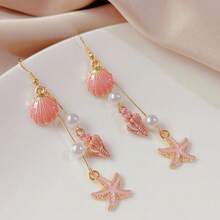 Pair Of Fashionable Summer Ocean Style Pink Conch Shell Pearl Earrings, Suitable For Women's Beach Vacation Decoration And Party Attendance - Pink - View 1