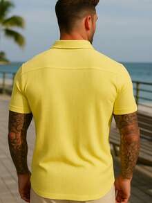 Camisa Trico Masculina Casual Texturizada com Botões Camisa Casual Elegante Confortavel - Amarelo Manteiga - Visão 2