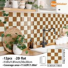 12 pièces/set, 30x30cm Autocollants muraux décoratifs à motif écossais bicolore 2D plat. Matériau PVC auto-adhésif amovible, imperméable et facile à nettoyer. Convient pour les murs de carrelage, le salon, la chambre, la cuisine, la salle de bain et autres surfaces murales plates. Décoration murale, décoration de pièce