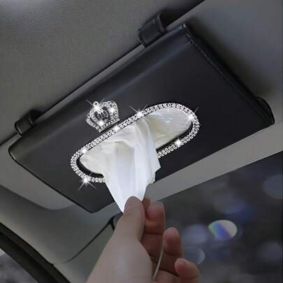 Bling Crystal Crown Sun Visor Tissue Box Holder-Premium PU Leather Hanging Car Tissue Box, Creative Rhinestone Car Interior, Universal Suitable For Most Vehicles, Women's Best Gift-Perfect Gift For Mom, Bedies, Friends, Colleagues And Luxury Auto Parts Lovers, Suitable For Various Occasions