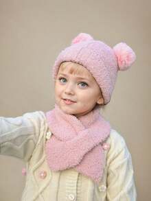3pcs Beige Pom Pom Knitted Hat, Scarf And Gloves Set, Warm Knitwear Suit For Kids