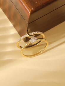 Gift Box Set Couple Rings With Star & Moon Design, Cubic Zirconia Inlaid Shiny Jewelry, Suitable As Holiday Gift - Gold - View 5