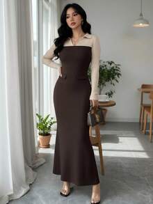 Women's Elegant Turndown Collar V-Neck Color Block Long Sleeve Maxi Dress, Suitable For Commuting, Autumn/Winter