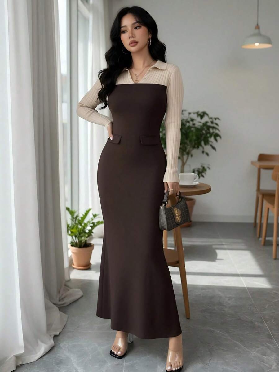 Women's Elegant Turndown Collar V-Neck Color Block Long Sleeve Maxi Dress, Suitable For Commuting, Autumn/Winter