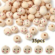 15/25/35/40pcs 20mm Happy Face Wooden Beads, Suitable For DIY Jewelry, Bracelets And Keychain Crafts - Beige - View 15