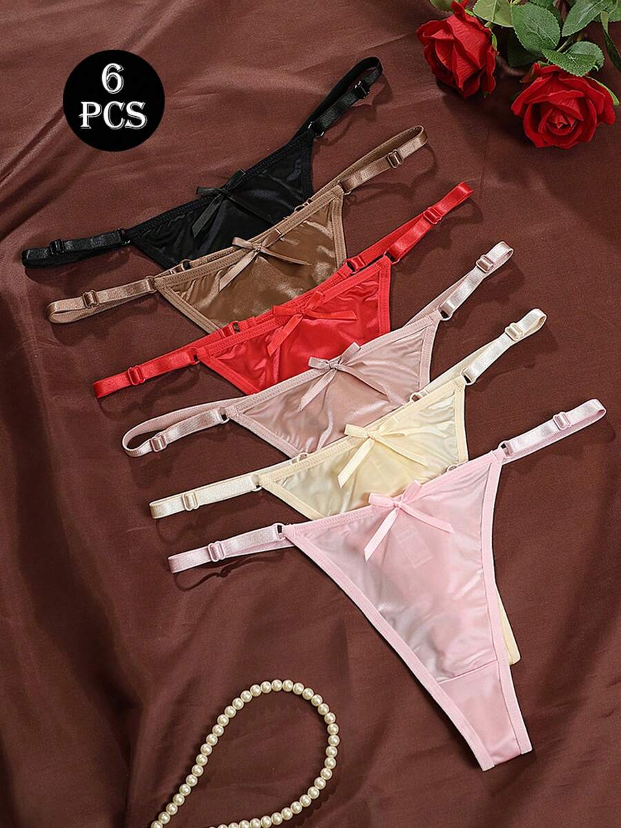 6pcs Women's Luxury Satin Adjustable Waist Briefs, Low Waist Seductive Thong Panties With Bow Accent, Sexy T-Back - Multicolor - View 1