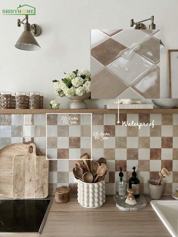 shiny home 10 قطع من ملصقات الحائط اللاصقة ذاتيًا بمقاس 26.67*26.67 سم، مقاومة للماء لرقاع المطبخ، مواد ديكور جديدة لتجديد المطبخ، سهلة التركيب DIY.