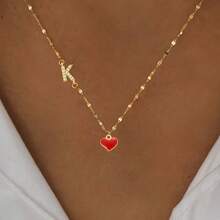 1pc New Classic Red Heart Pave Zirconia Initial Pendant Golden Stainless Steel Lip Chain Necklaces For Women