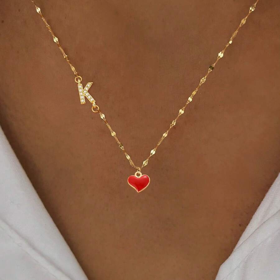 1pc New Classic Red Heart Pave Zirconia Initial Pendant Golden Stainless Steel Lip Chain Necklaces For Women