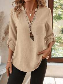 New Arrivals In Autumn And Spring. Khaki Cotton And Linen Blend Half-Open Collar Shirt. Adjustable Roll-Sleeve Design. Three-Quarter Sleeve Top. Loose Pocket On One Side, Slimming And Lazy Style Shirt. Code-Friendly, Comfortable And Skin-Friendly. Versatile Fashionable Women's Clothing For Daily/Commuting/Vacation Multi-Scenarios.