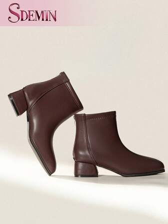 SDEMIN 女式黑色仿皮踝靴 - 方头粗跟短靴，采用精密缝线细节设计，永恒优雅的风格，适合秋冬日常穿着、办公室、休闲外出和晚间活动
