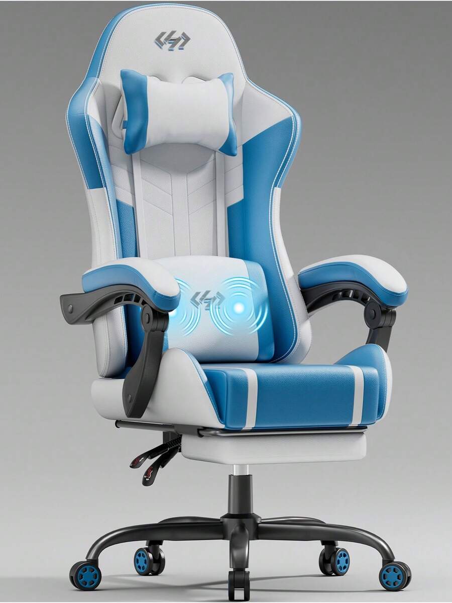 HLDIRECT Gaming Chair With Pocket Spring Cushion, Video Game Chair, Gaming Computer Chair, Ergonomic Chairs For Adults With Headrest And Lumbar Support, Swivel PU Leather Office Chair, White & Blue - 藍白色 - 查看 1