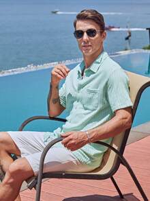 Men's Summer Casual Wave Shape Textured Short Sleeve Shirt - Mint Green - View 9