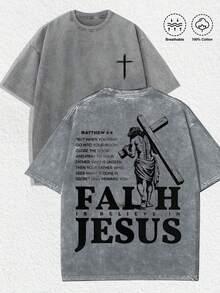 1 PCS Religious "Faith Is Believe In Jesus" Graphic Tee: Featuring Distressed Vintage Finish, Front Cross Print, Back Artistic Illustration Of Jesus Carrying Cross, Biblical Text "MATTHEW 6:6", Bold "FAITH IS BELIEVE IN JESUS" Lettering, Made Of Breathable 100% Cotton, Perfect For Infusing Spiritual & Nostalgic Vibes Into Outfits During Easter Celebrations, Church Events, Or Daily Wear, Christmas & Halloween & Thanksgiving Day & Valentine's Day & Pride & Father's Day & Easter & Mother's Day & New Year & Spring Festival, Men's Round Neck Printed Short Sleeve Casual Everyday T-Shirt, They Are Excellent Gifts For Friends And Family, 100% Cotton T-Shirts Feature, A Youthful And Fashionable Design, Graphic Tees Men, Graphic Tees Women, Cachorro Feliz, Back To School - Xám - Xem 1