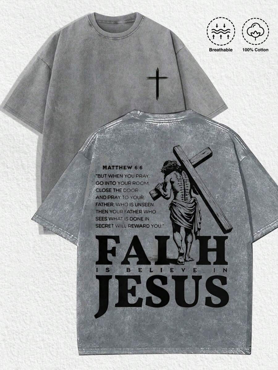 1 PCS Religious "Faith Is Believe In Jesus" Graphic Tee: Featuring Distressed Vintage Finish, Front Cross Print, Back Artistic Illustration Of Jesus Carrying Cross, Biblical Text "MATTHEW 6:6", Bold "FAITH IS BELIEVE IN JESUS" Lettering, Made Of Breathable 100% Cotton, Perfect For Infusing Spiritual & Nostalgic Vibes Into Outfits During Easter Celebrations, Church Events, Or Daily Wear, Christmas & Halloween & Thanksgiving Day & Valentine's Day & Pride & Father's Day & Easter & Mother's Day & New Year & Spring Festival, Men's Round Neck Printed Short Sleeve Casual Everyday T-Shirt, They Are Excellent Gifts For Friends And Family, 100% Cotton T-Shirts Feature, A Youthful And Fashionable Design, Graphic Tees Men, Graphic Tees Women, Cachorro Feliz, Back To School - Xám - Xem 1