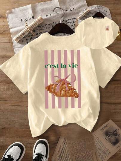 Women's Large Size Casual Short Sleeve T-Shirt With Vivid Croissant And Stripe Graphic Print - Casual Crew Neck Spring Summer Tops, Women's T-Shirts,Plus Size Women Clothes,Autumn Plus Size,Plus Size Fall Clothes Women,Plus Size Autumn Clothes,Autumn Outfits Women,Winter Clothes,Winter Clothes Women,Going Out Tops Women,Valentine Outfits For Women,Plus Size Women Clothes,Valentine's Day