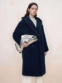 Women's Solid Color Casual Fluffy Long Hooded Teddy Fleece Jacket, Winter - Black - View 1