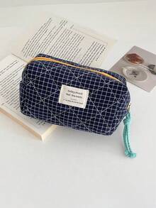 Bolsa de cosméticos de estilo clásico a cuadros, bolsa de tela con cremallera suave, diseño minimalista retro, bolsa de almacenamiento multiusos, adecuada para el hogar, viajes y uso diario, bolsa de cosméticos, útiles escolares, artículos de viaje, artículos esenciales para vacaciones, bolsas de cosméticos - Verde - Ver 7
