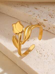 1pc Stainless Steel Minimalist Floral Tulip Design Ring, Suitable For Women's Daily Wear