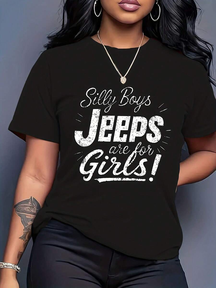 Women's T-Shirt Silly Boys Jeeps Are For Girls! Print Round Neck Casual Everyday Wear 220g - màu đen - Xem 1