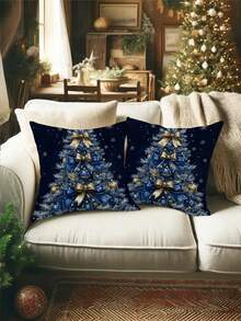 1/2/4pcs Luxury Navy Blue & Golden Christmas Tree Throw Pillow Covers - Cushion Cases With Zipper Closure, Elegant Holiday Decor For Sofa, Bed, Office - Machine Washable All-Season Home Accents, Christmas Pillow Covers, Snowflake Pattern, Durable Fabric, Seasonal Decoration, High Quality Textile, Interior Designers - Blue - View 6