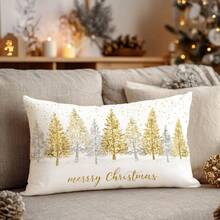 1pc Christmas Minimalist Golden Christmas Tree & Snowflake Decorative Pillow Cover, Single-Sided Soft Peach Velvet Fabric, 30*50cm/40*60cm Cushion Cover For Modern Sofa, Indoor Decor, Party Decoration, Gift