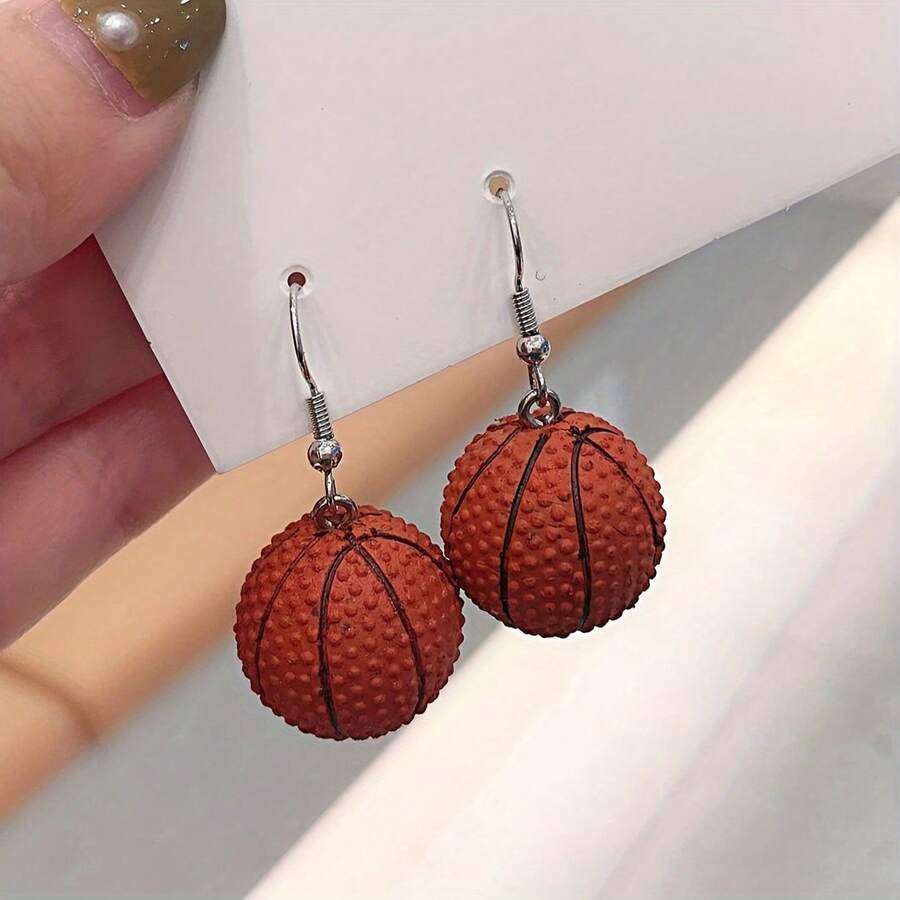 1 Pair Sport‑Style Basketball Dangle Earrings, Mini Simulated Basketball Drop Earrings. Popular Creative Sports Gift For Campus, Stadiums, Sports Events, Daily Wear And Parties - Primary Color - View 1