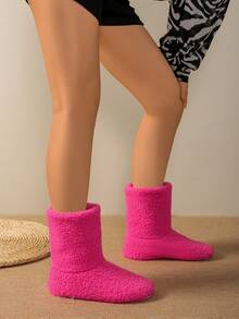 Botas de Cano Médio Forradas Termicamente em Tecido Boêmio de Cor Sólida para Mulheres, Uso Doméstico, Outono/Inverno, Pele, Festa