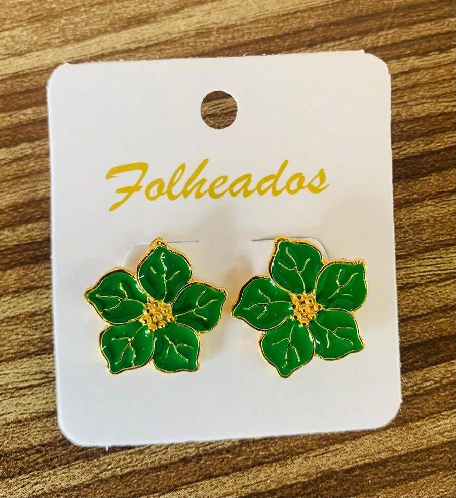 Enameled 5-Petal Flower Earring - 墨綠色 - 查看 1