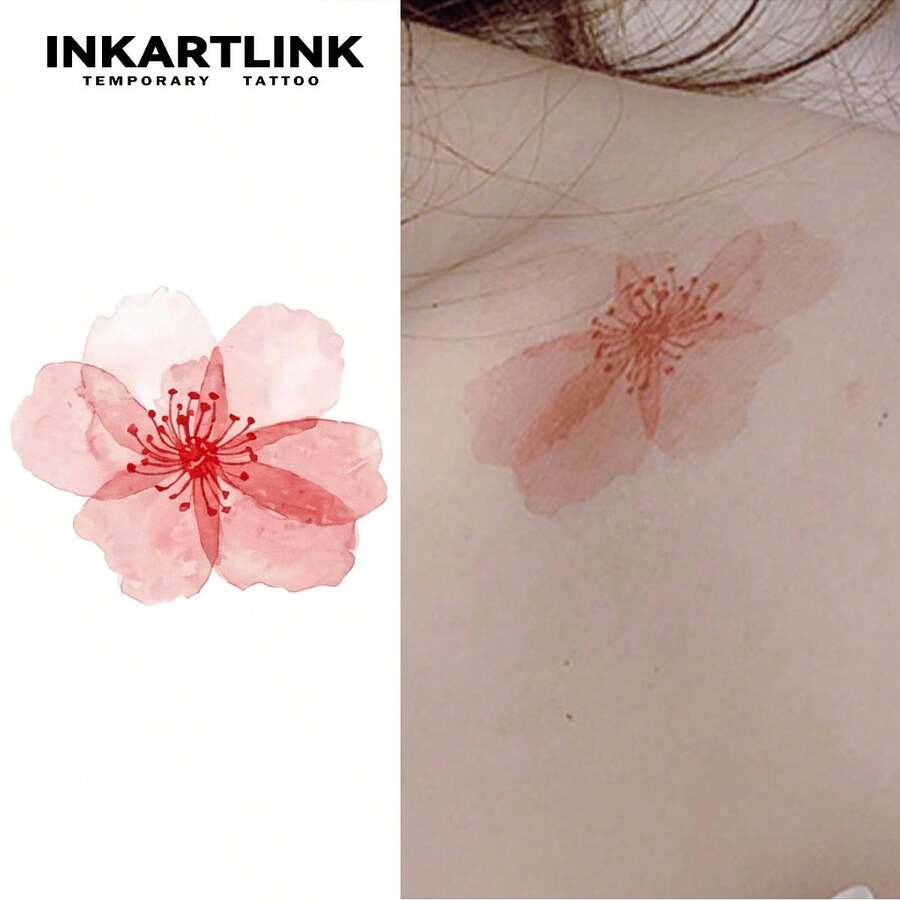 INKARTLINK Pegatina de tatuaje de flor de sakura roja degradada de INKARTINK, resistente al agua y duradera de 2 a 5 días, tatuaje temporal de transferencia de agua colorido, tatuaje falso realista, pegatina de decoración de diseño exclusivo
