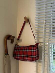 Women's Canvas Shoulder Bag, Korean Style New Arrival, Checkered Baguette Underarm Bag, Retro Crossbody Bag - Red - View 7