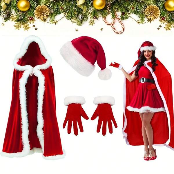 Weihnachtsmann Kostüm Accessoire Set - Bequemer Samt Kapuzenumhang mit weißer Borte, süßer Weihnachtsmannhut, kuschelige Polyester & Spandex Handschuhe für Damen - Festliche Cosplay Requisiten & Party Geschenke (1/2/3 Teiliges Set)