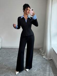 Women's Casual Two Pieces Outfit With Contrast Shirt Collar And Striped Cuffs Medium Stretch Pants Set