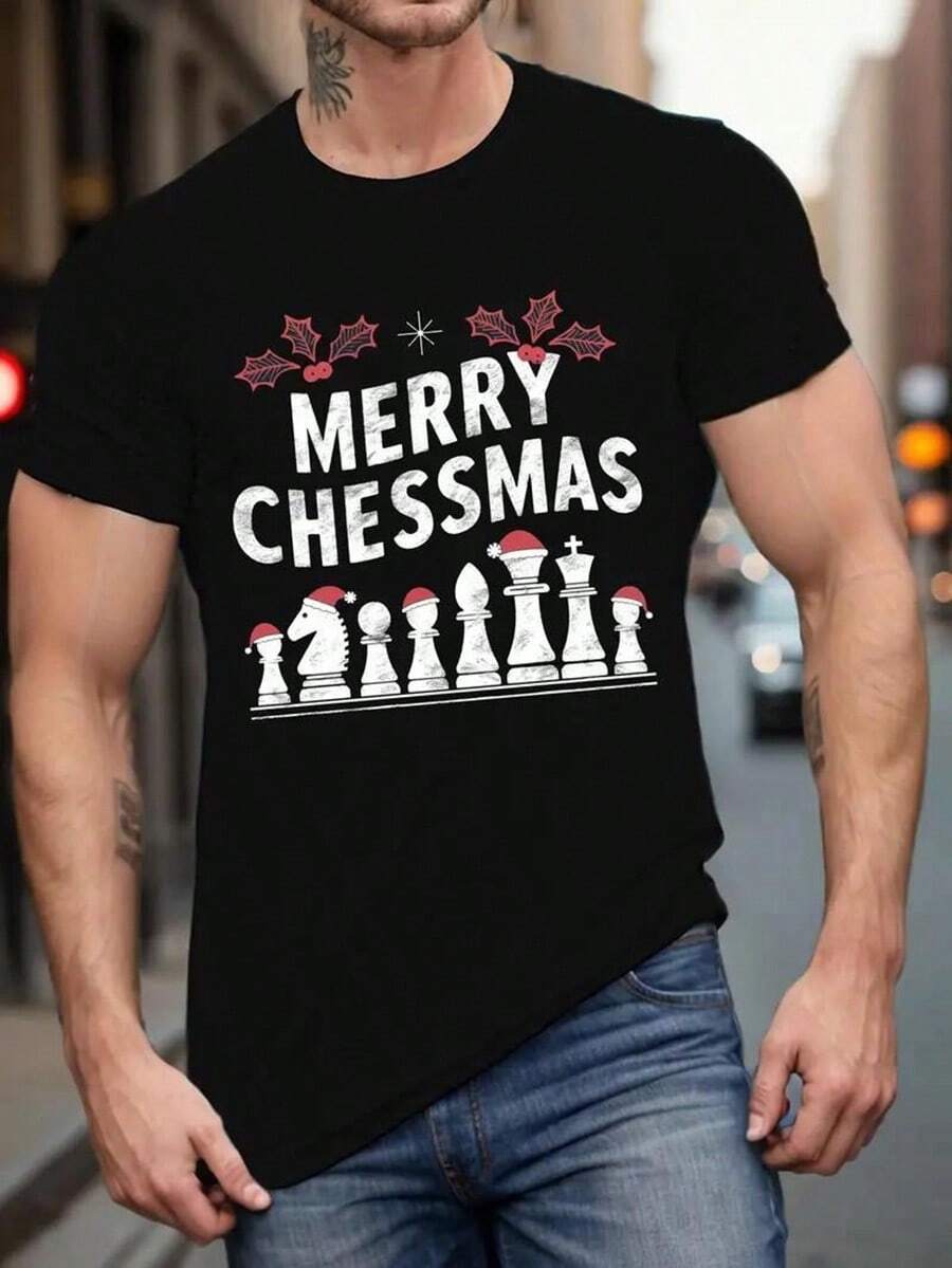 [Free Shipping]Plus Size Men'S Chess-Themed T-Shirt - Merry Chessmas Graphic Print Crew Neck Tee, 100% Polyester Knit Fabric, Casual Summer Top For Big & Tall Adults With Slight Stretch,Nightmare Before Christmas,Christmas,Halloween Costumes,Funny T Shirts,Summer Outfits,Thanksgiving Day,Men Graphic Tees,Streetwear Men,Freedom Shirt,Halloween Costumes For Men,Christmas,Funny Shirt,Graphic Tee,Vintage,Street Fashion, Sporty Casual, All Season, Y2K Clothing, Christmas, Gift For Boyfriend,Printed & Shipped In USA - màu đen - Xem 1