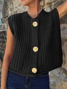 Áo vest len nữ dáng rộng, cài một hàng khuy, màu đen, thích hợp cho mùa Thu/Đông. - màu đen - Xem 4