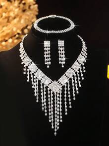 4pcs Elegant Geometric Tassel Rhinestone Jewelry Set Including Necklace, Earrings, Bracelet, Suitable For Women's Daily, Gifts, Weddings, Parties, Versatile And High-End