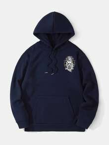 Men's Mysterious Personalized Printed Loose Fit Hoodie, Navy Blue, For Autumn/Winter