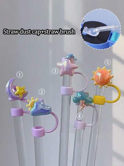 Straw Cap + Straw Brush, Pendant Withstar Moonshaped Straw Cap, Silicone Reusable Anti-Dust Straw Cover,Straws Stopper Cap,Kitchen,Suitable For Daily Use, Decorating Cups, Dustproof, And Can Also Be Given As Gifts To Friends, Family, And Loved Ones, Holiday Gifts, Birthday Gifts, And Back To School Gifts,Easter Gift