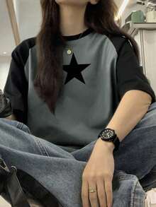 Plus Size Women's Summer Vacation Fashion Versatile Casual Simple Loose Comfortable Y2K Street Star Print Contrast Color Stitching Raglan Sleeves Short Sleeves Round Neck Knitted T-Shirt Graduation