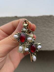 2pcs Vintage Imitation Pearl Ruby Cross Earrings Gothic Style Antique Bronze Metal Women's Pendant Earrings Suitable For Holiday Party Anniversary - Màu Đồng Cổ - Xem 5