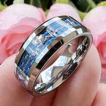 Valentine's Day Men's Silver Blue Heart Unique Design Carbon Fiber Inlaid With Synthetic Gemstones, Polished Dome Shape, Smooth Durable Waterproof Anti-Allergy Comfortable Wear, Perfect Gift For Weddings Or Anniversaries