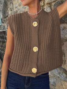 Chaleco de punto acanalado holgado y casual para mujer con botones dorados vintage en la parte delantera y cuello en V, de longitud regular, elegante para atuendos de moda de otoño e invierno - Camel - Ver 4