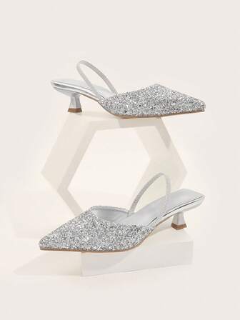 Women's Sequin Stilettos, Solid Color Pointed Toe Slip-On Sandals, Elegant Evening Shoes, Suitable For Music Festivals